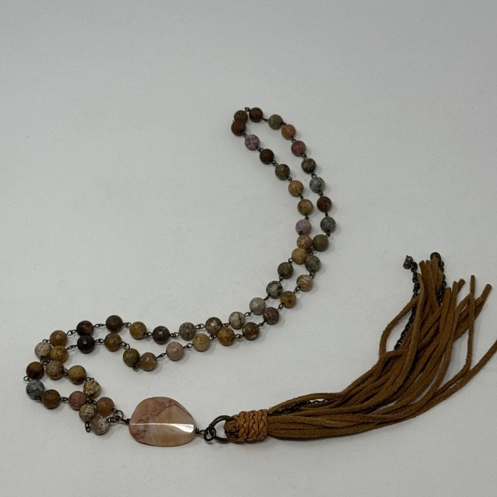 Chunky‎ Faceted Jasper Agate Pendant Tassel Beaded 27